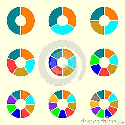 Circle chart set. Round pie chart template. Circle infographic concept with 2,3,4,5,6,7,8,9,10 steps, parts, levels or options. Co Vector Illustration